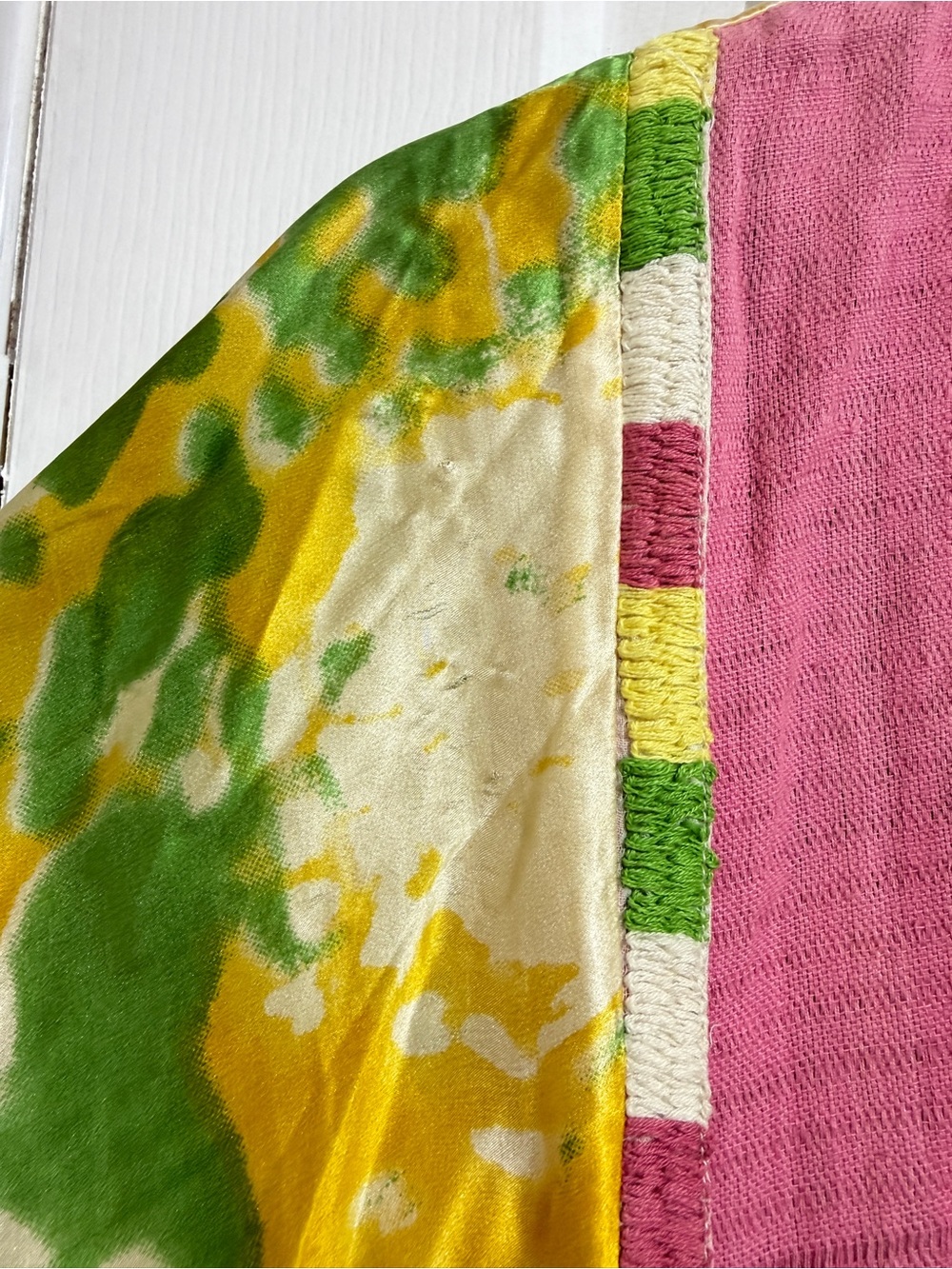 Aoyama Itchome silk cotton boho patchwork colorful geo Aztec pink yellow dress S - Picture 6 of 6